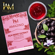 Load image into Gallery viewer, Açaí berry extract package with a bowl of açaí berries and a cup of red juice on a dark background.