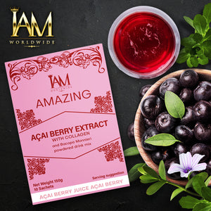 Açaí berry extract package with a bowl of açaí berries and a cup of red juice on a dark background.