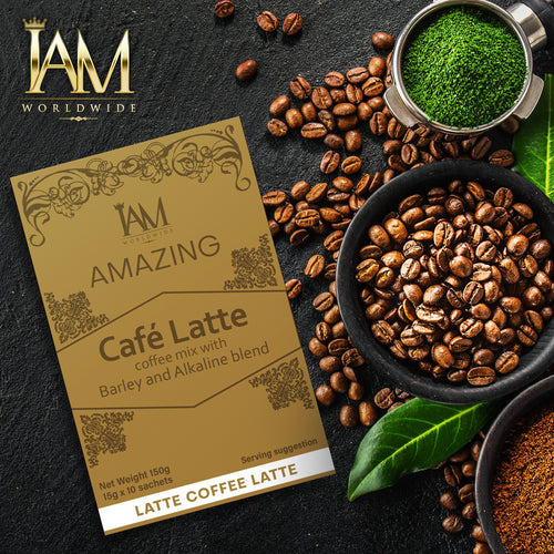 IAM Worldwide Cafe Latte coffee mix packaging with coffee beans and green powder on a dark surface