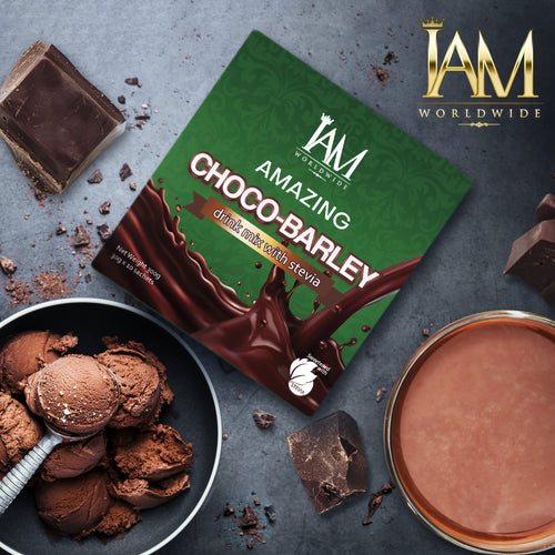 Packaging of 'Choco-Barley' with chocolate ice cream and chocolate pieces on a dark surface, featuring the IAM Worldwide logo.