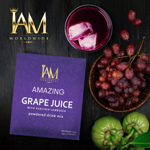 IAM Worldwide grape juice powder package with grapes and a glass of juice on a dark surface